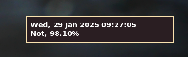 a notification displaying on 2 lines: the day of the week, the date (day, month, yeaar) and the time (hour:minute:second); charging status and battery level (in %)